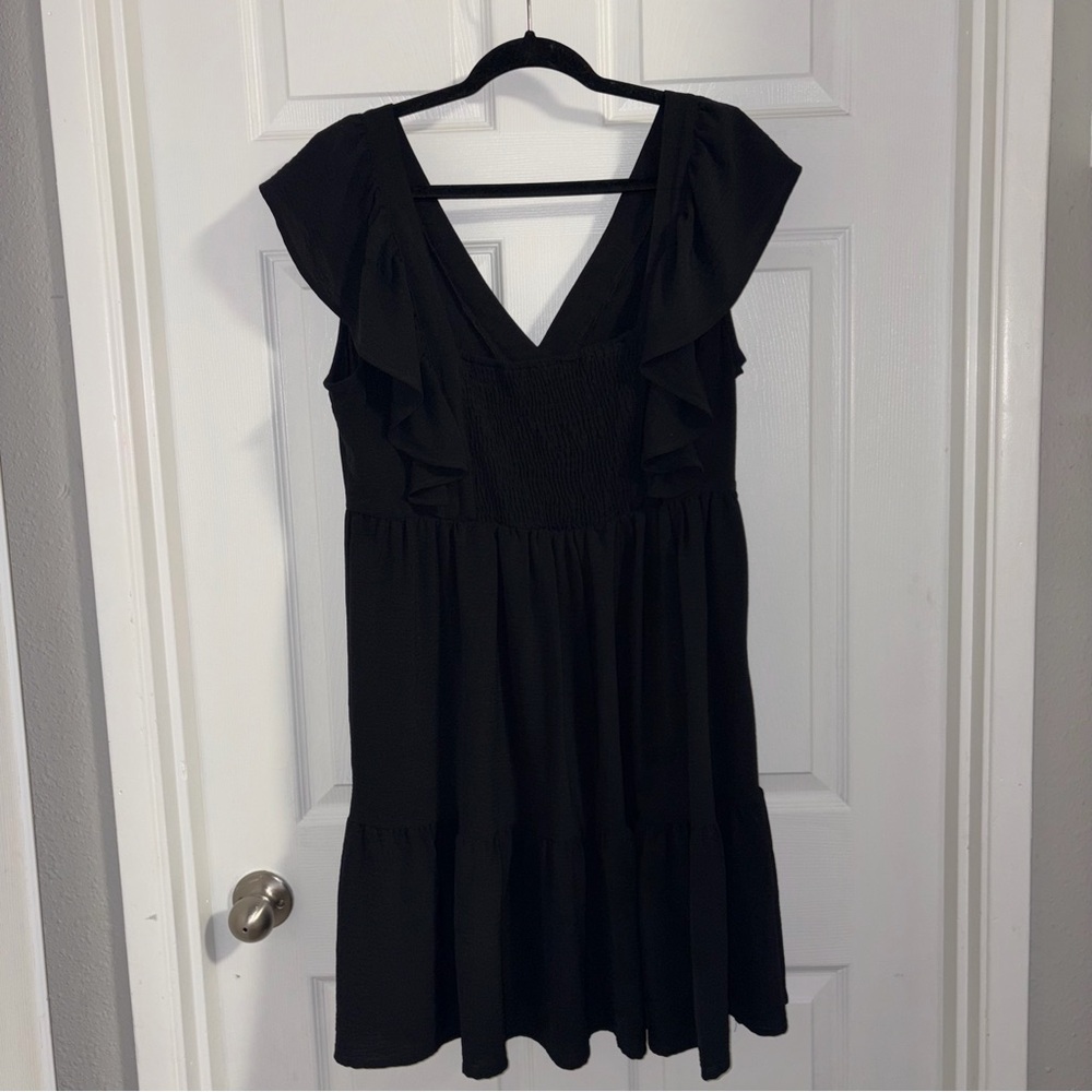 Ruffle Dress sleeveless v-neck smocked back a-line swing skirt all black
